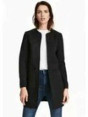 H&M Coat Black Open Front Textured Weave Pockets Lined size 6
